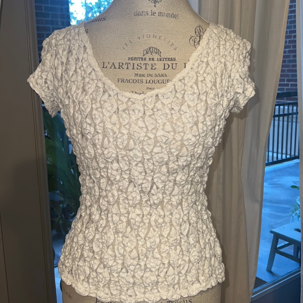 WHBM Vintage lace shortsleeve ivory cream white blouse Size Medium Style WHT1204 - Picture 1 of 7